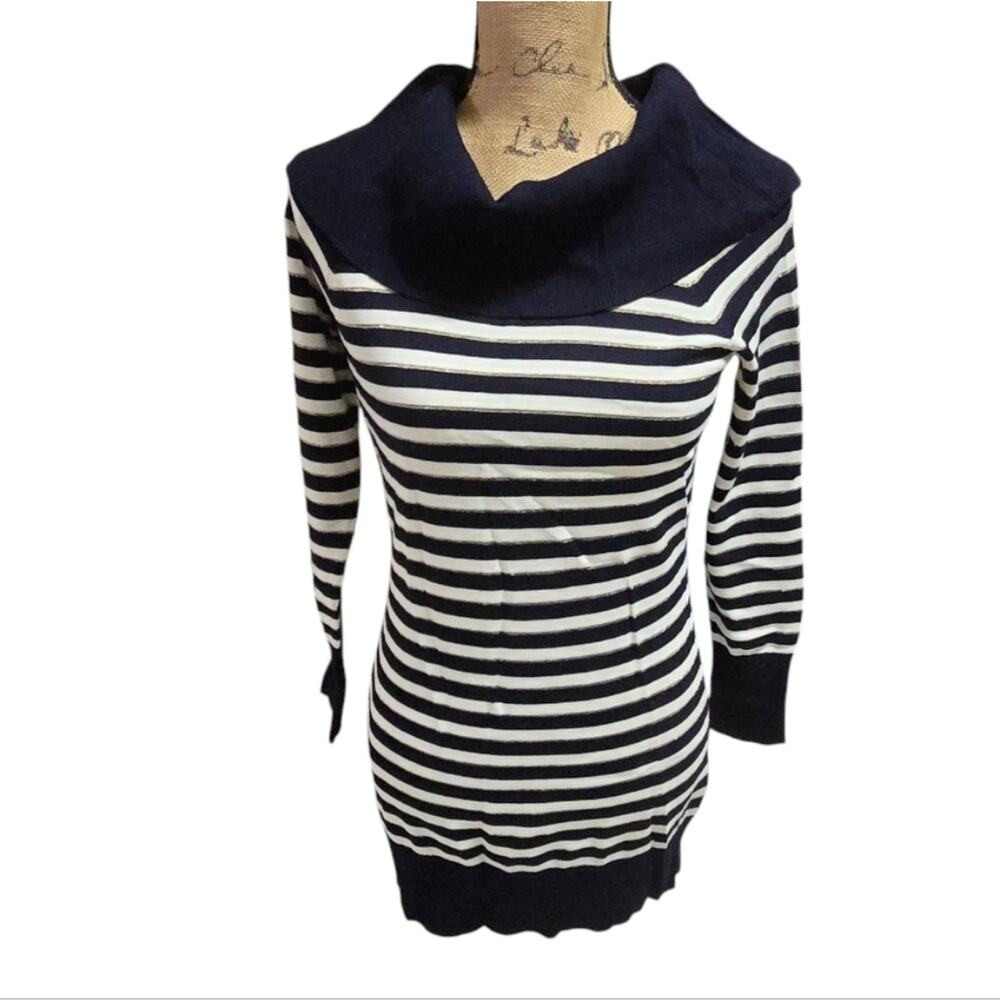 CACHET Navy Silver and White Striped Cowl Neck Women's Sweater Size Medium